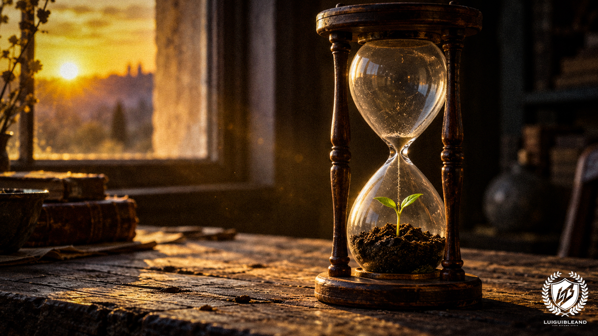 Filmische Illustration einer antiken hölzernen Sanduhr auf einem abgenutzten Tisch neben einem Fenster bei Sonnenuntergang: Der Sand im unteren Glaskolben ist zu dunkler Erde geworden, aus der ein kleiner grüner Spross wächst; links liegen alte Bücher, und in der Ferne ist im warmen Licht eine Stadtsilhouette zu sehen