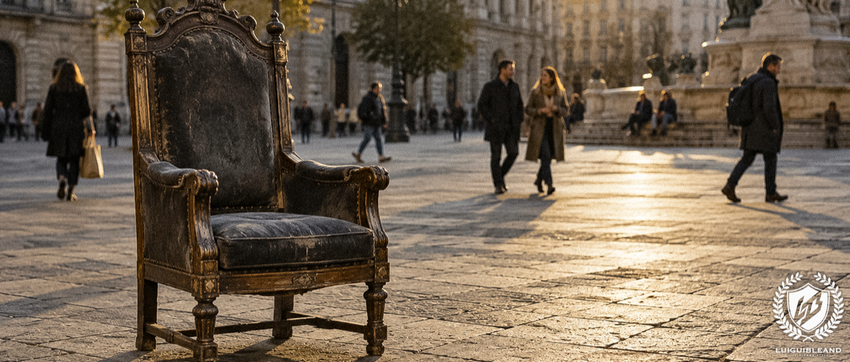 Illustrazione cinematografica in stile fotografico di una poltrona intagliata e consumata, quasi un trono, vuota al centro di una grande piazza di pietra al tramonto, mentre la gente passa senza guardarla, con una fontana monumentale con statue ed edifici classici sullo sfondo