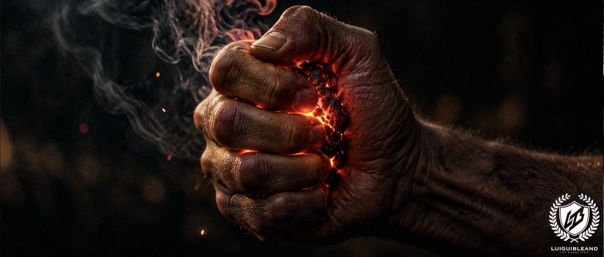 Cinematic close-up of a weathered clenched fist gripping a glowing red-hot ember, with smoke rising and sparks escaping between the fingers against a dark background