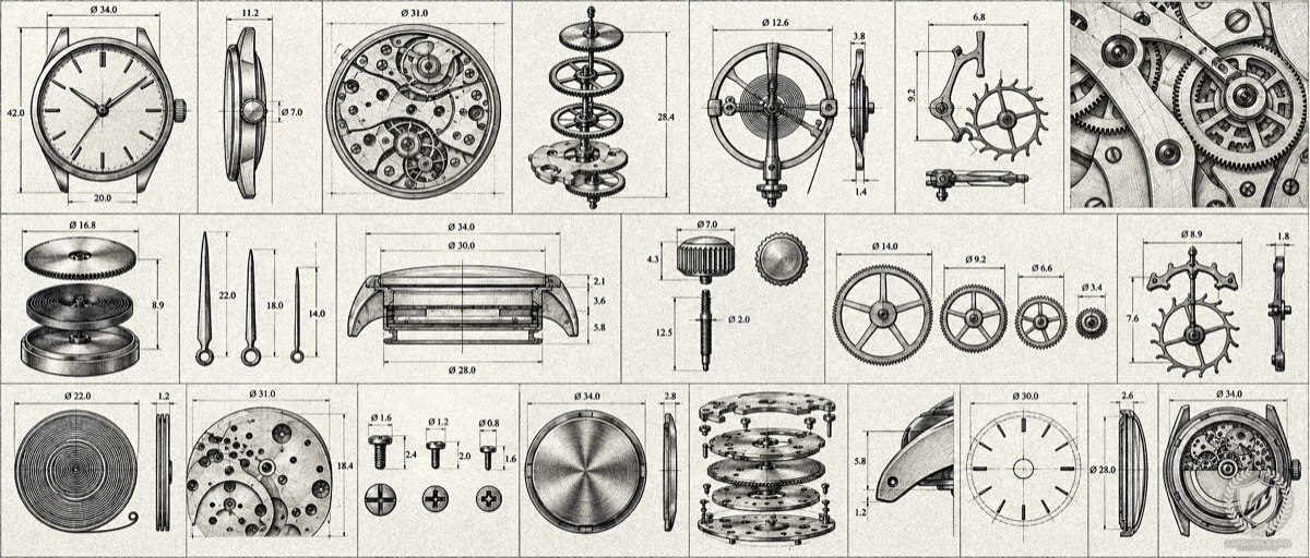 Illustration of technical drawings of a mechanical watch and its parts – case, movement, gears, balance wheel, hands, crown and screws – each with its measurements