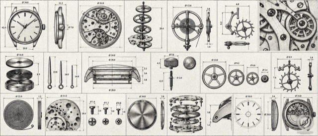 Illustration of technical drawings of a mechanical watch and its parts – case, movement, gears, balance wheel, hands, crown and screws – each with its measurements