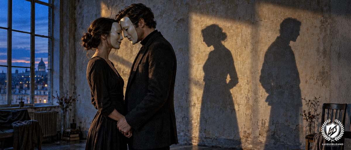 Illustrazione di un uomo e una donna con maschere bianche, fronte contro fronte e mano nella mano in una stanza in penombra accanto a una finestra al tramonto, mentre sulla parete le loro ombre si separano e guardano ciascuna in una direzione diversa